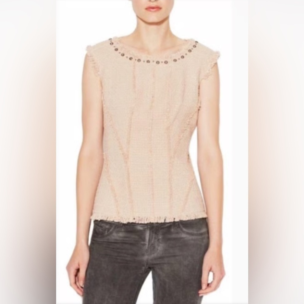 Rebecca Taylor Tweed Peplum Top Size 2 Studded Sleeveless Blush Pink